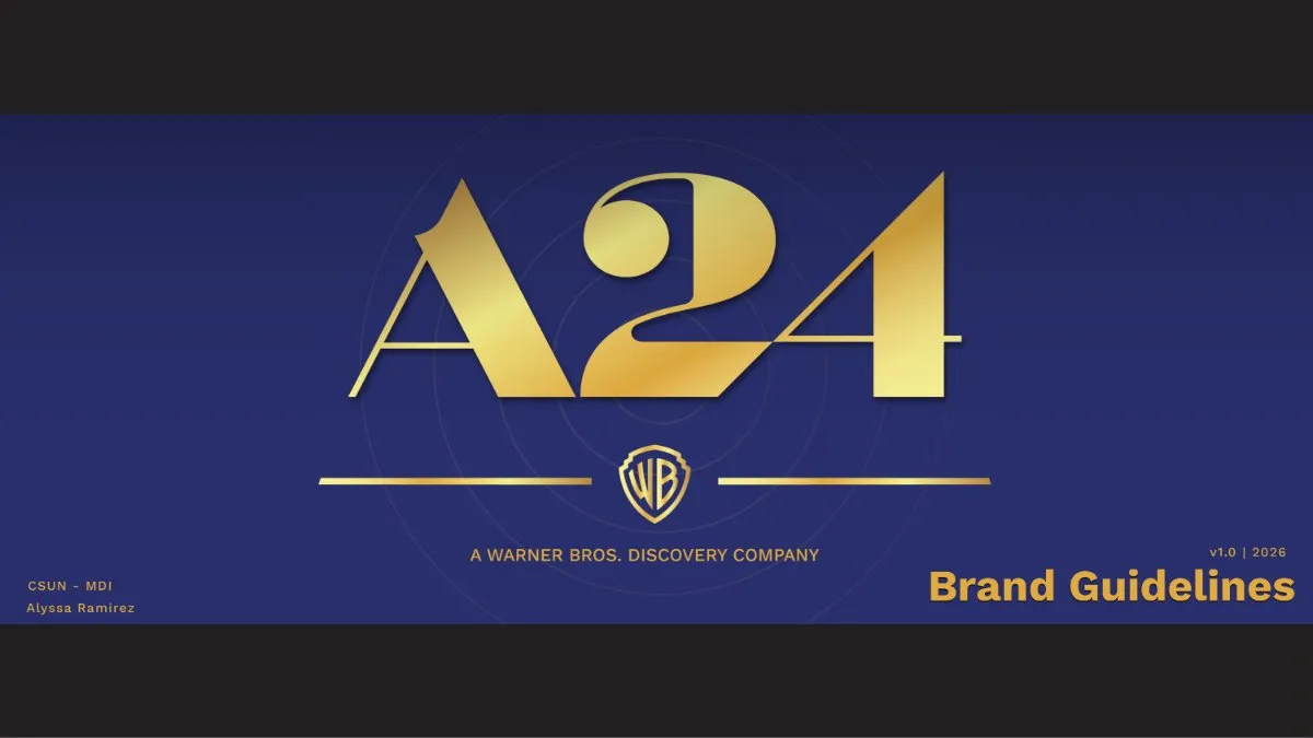 Cover of the A24 brand guidelines: a gold A24 logotype on deep blue with a small Warner Bros. shield and the words A Warner Bros. Discovery Company.
