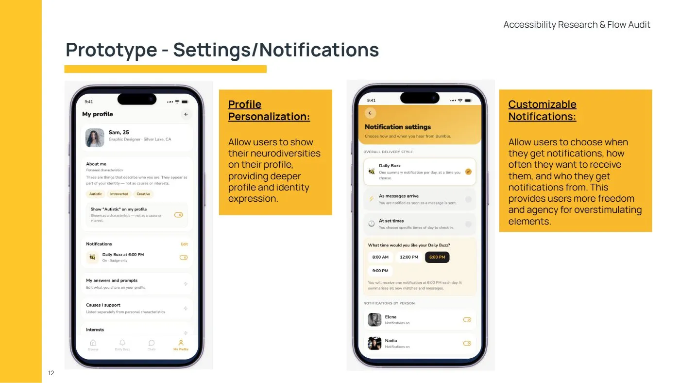 A slide showing the redesigned Settings and Notifications screens, with a profile option to show neurodiversity and controls for when and from whom to get notifications.