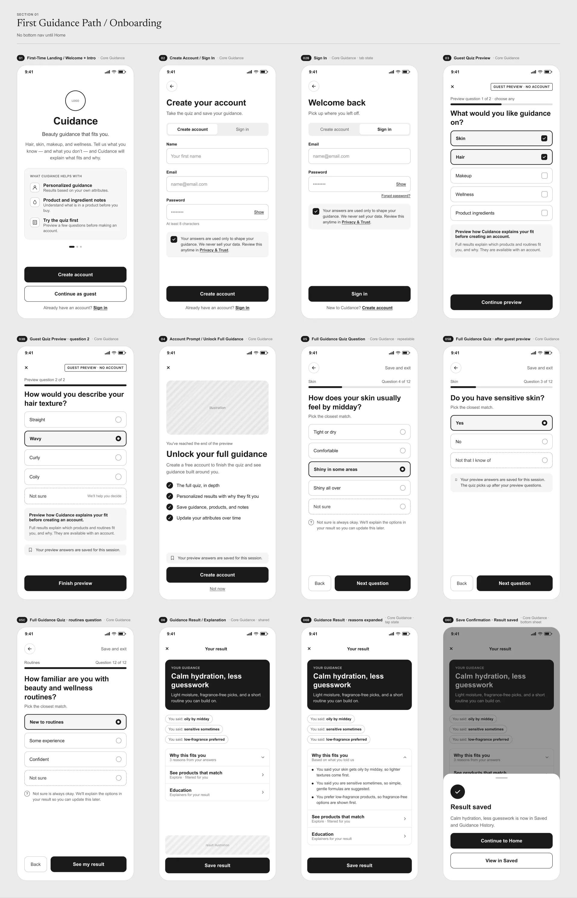 Grayscale mobile wireframes for the Cuidance first-time path: welcome, create account, guest preview, unlock full guidance, a quiz question and the guidance result.